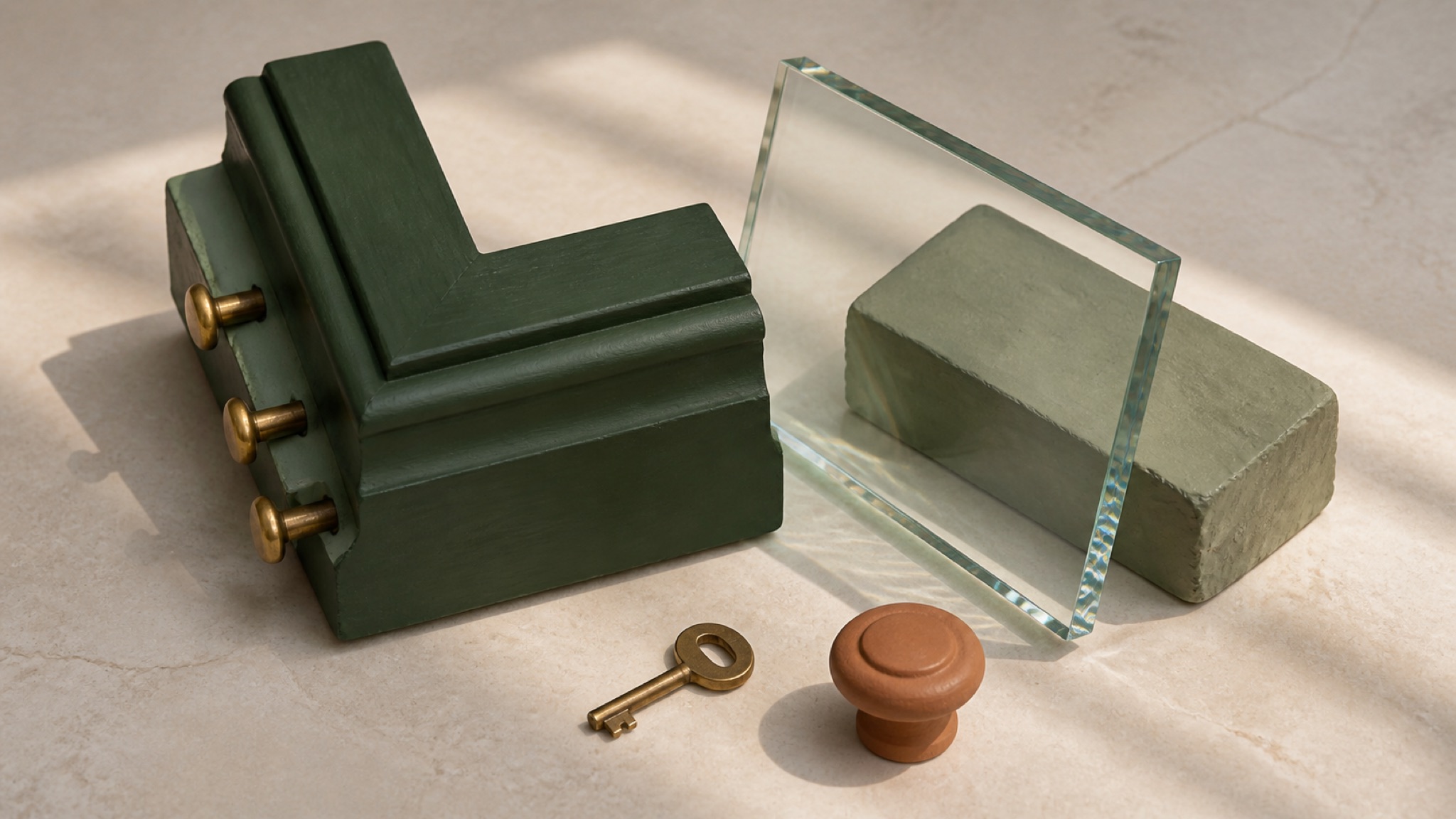 Studio-Stillleben aus Ton und Glas: eine tannengrüne Fensterrahmenecke mit drei herausstehenden messingfarbenen Pilzkopfzapfen, daneben ein klares Glasplättchen an einem salbeifarbenen Block, davor ein Messingschlüssel und ein terrakottafarbener Drehgriff