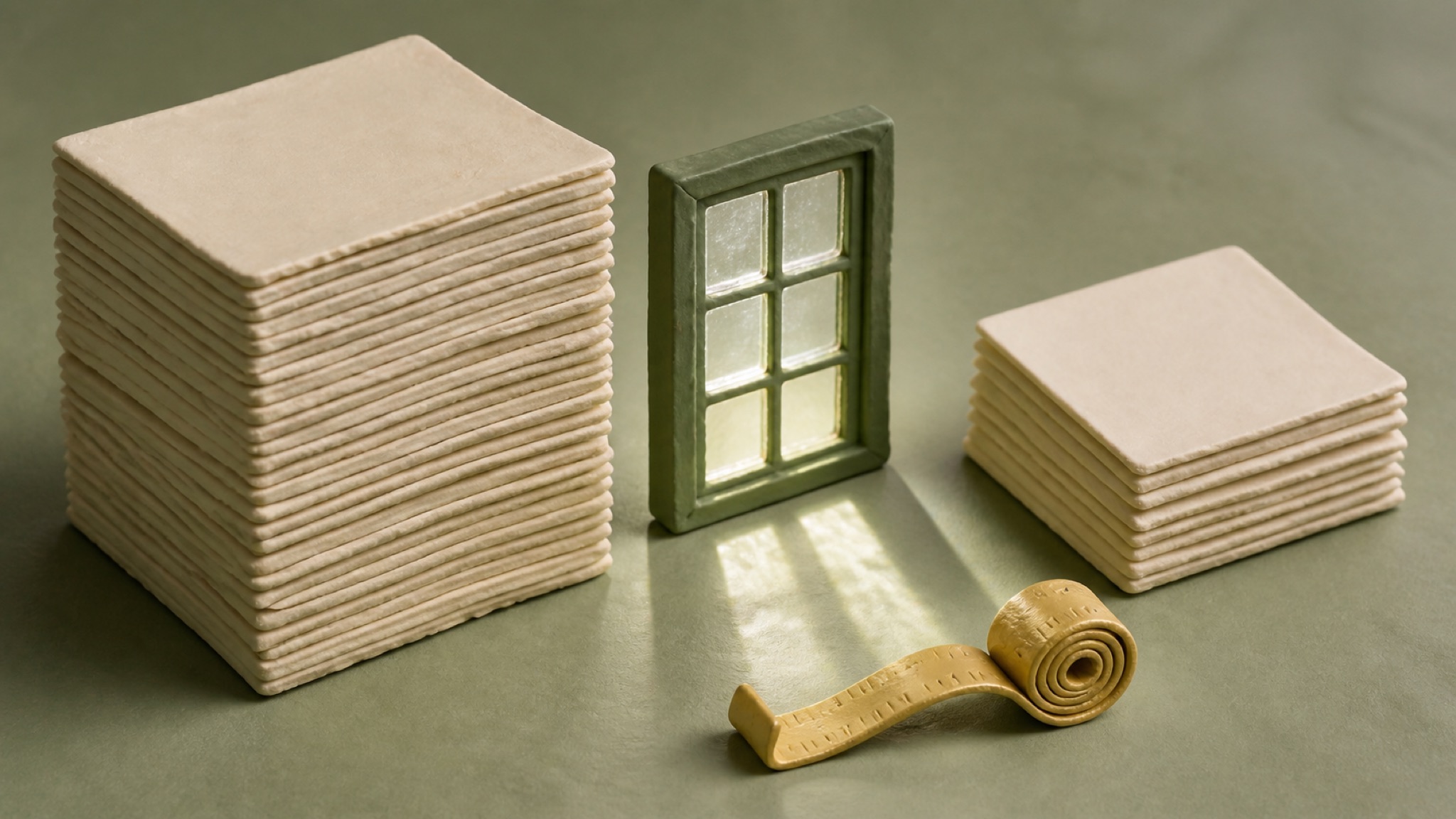 Zwei unterschiedlich hohe Stapel aus Tonplatten neben einem gläsernen Miniaturfenster und einem goldenen Maßband
