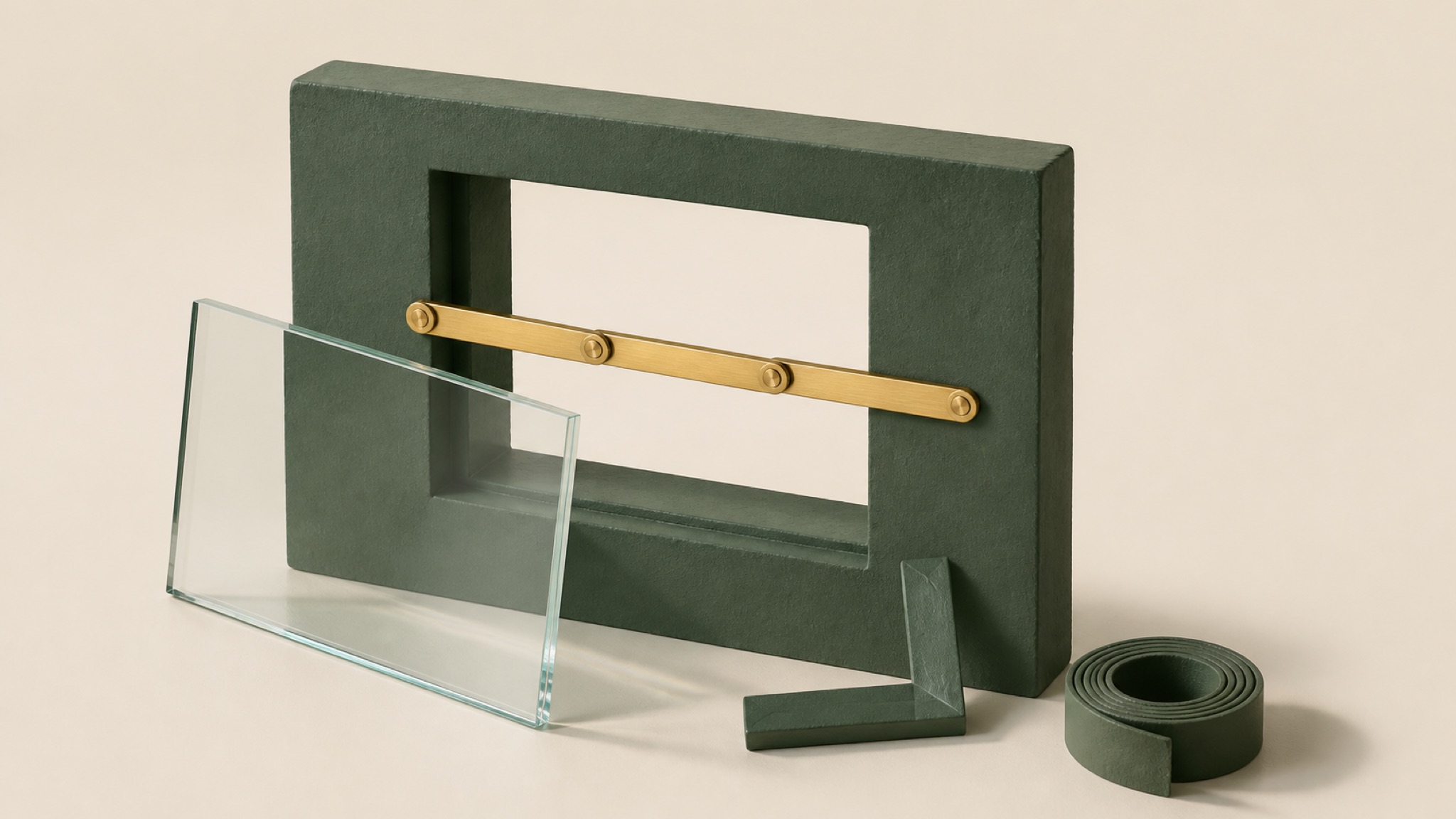 Miniatur-Maueröffnung aus Ton mit aufgeklapptem Messing-Gliedermaßstab und angelehnter Glasscheibe