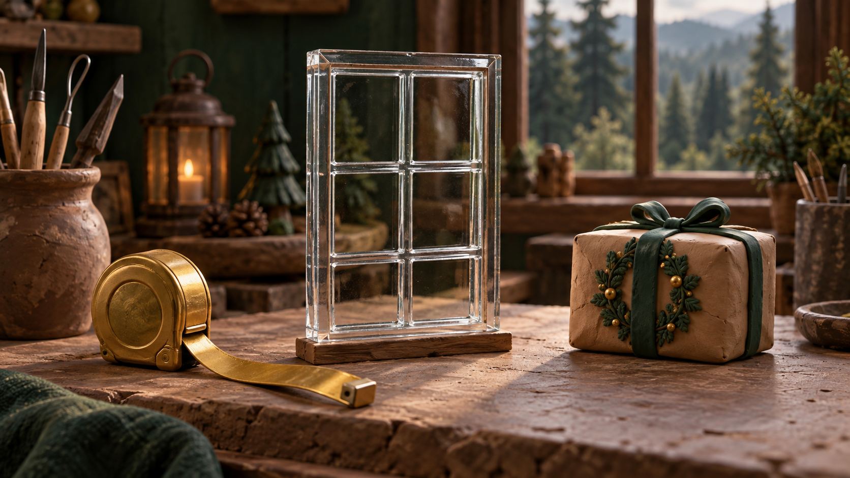 Gläsernes Miniaturfenster mit goldenem Maßband neben einem Tonpaket mit grüner Schleife auf einer Werkbank