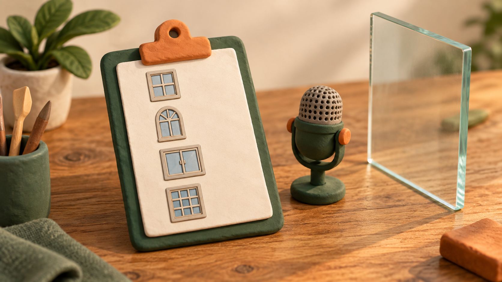 Clay-Klemmbrett mit einer Liste kleiner Fenster, daneben ein Mikrofon aus Ton und eine Glasscheibe auf einem Holztisch