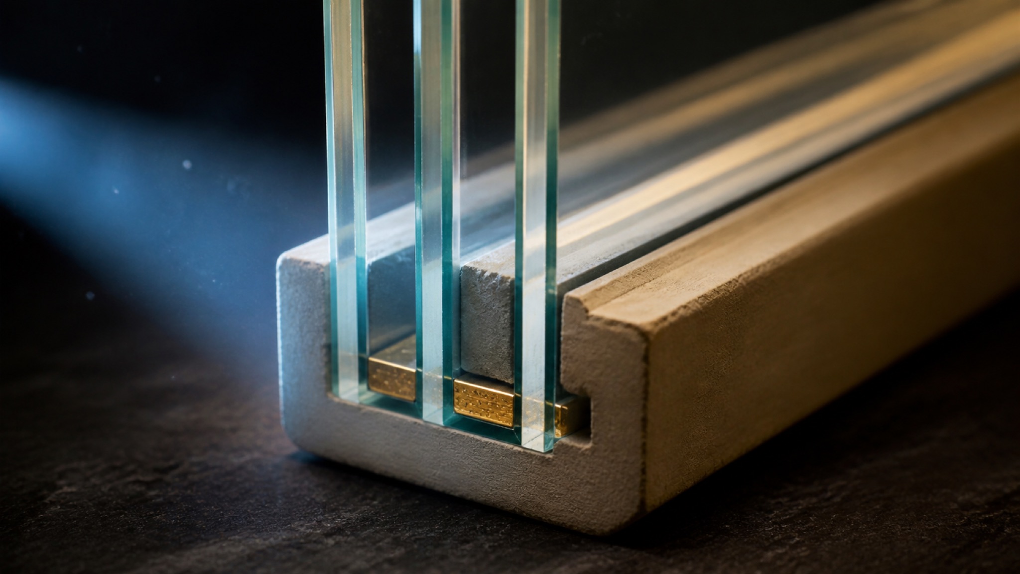 Makro-Querschnitt einer Fensterecke: drei Glasscheiben mit goldenen Abstandhaltern in einem Rahmen aus mattem Ton, kaltes Licht links, warmes rechts
